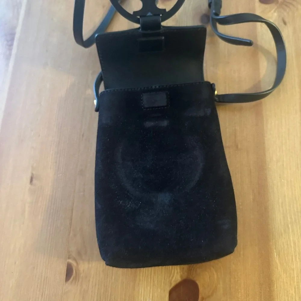 Tory Burch Miller Black Suede Leather Phone Crossbody Bag Purse Messenger